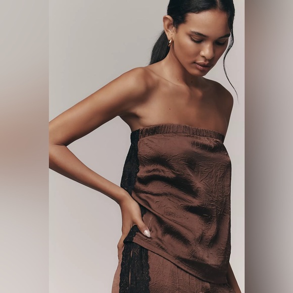 Anthropologie Tops - Anthropologie Chocolate Satin Strapless Top with Lace Detail